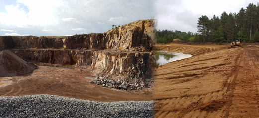 Two Nonmetallic Mining sites, one showing a gravel pit and the other showing a reclaimed site with bulldozer, smooth grade, and a pond.